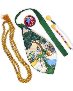 ISKCON Digital Print Bead Bag Japa Bag with 108 +1 Beads Japa mala, Sakshimala and Badge (Krishna with Cows)